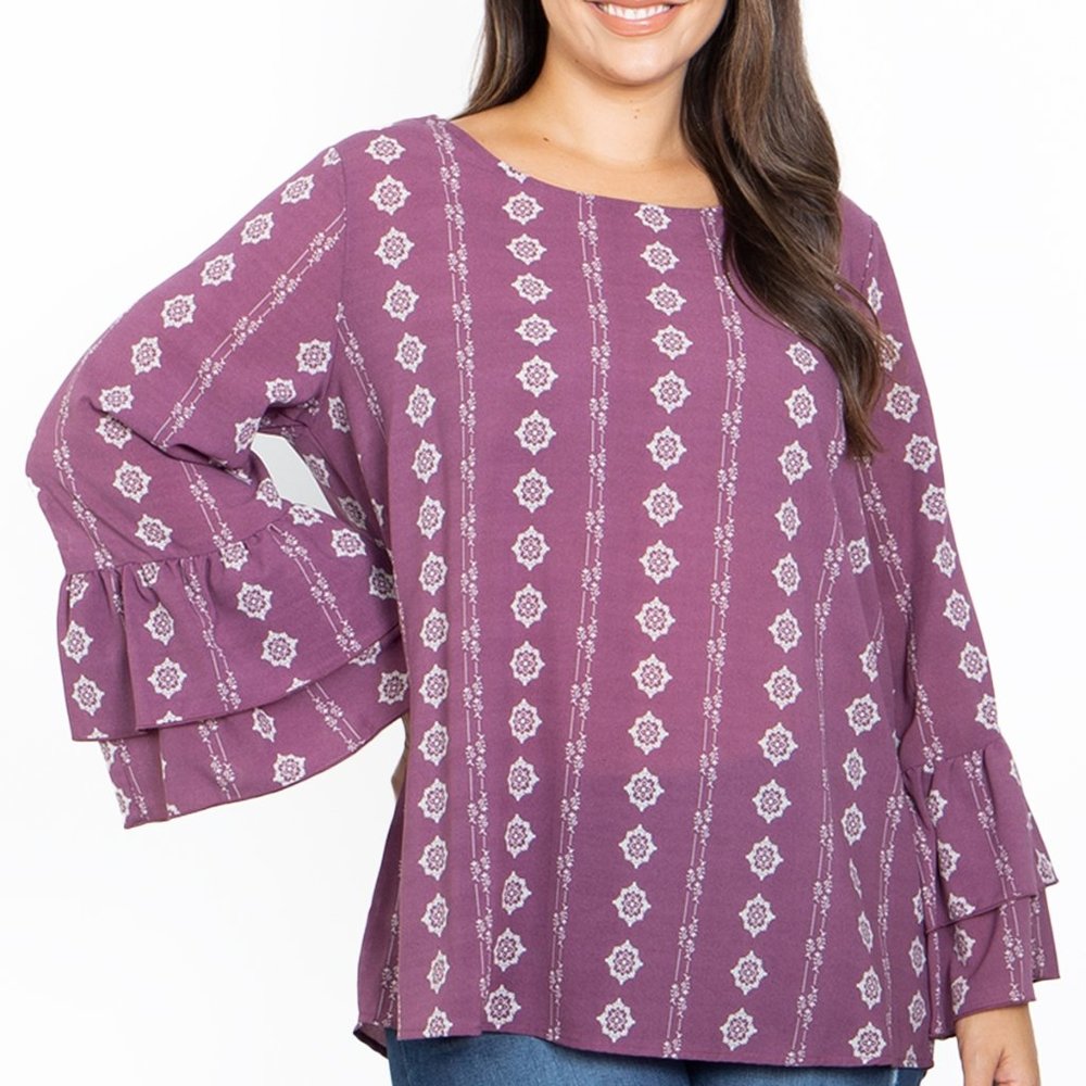 Brand New Gorgeous Stylish Lightweight Printed Long Bell Sleeve Blouse - 1XL